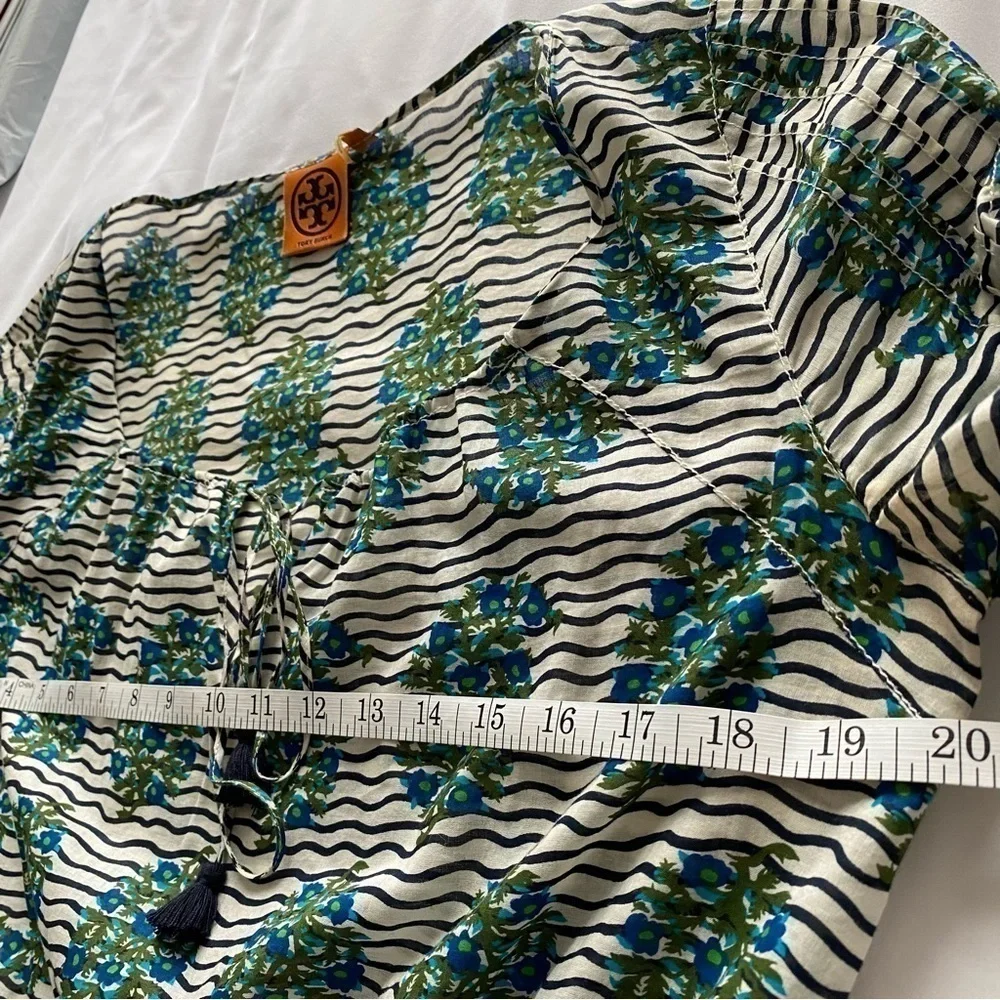Tory Burch Top white Green Flora Cotton Scoop Neck Keyhole Tunic Elastic waist 6